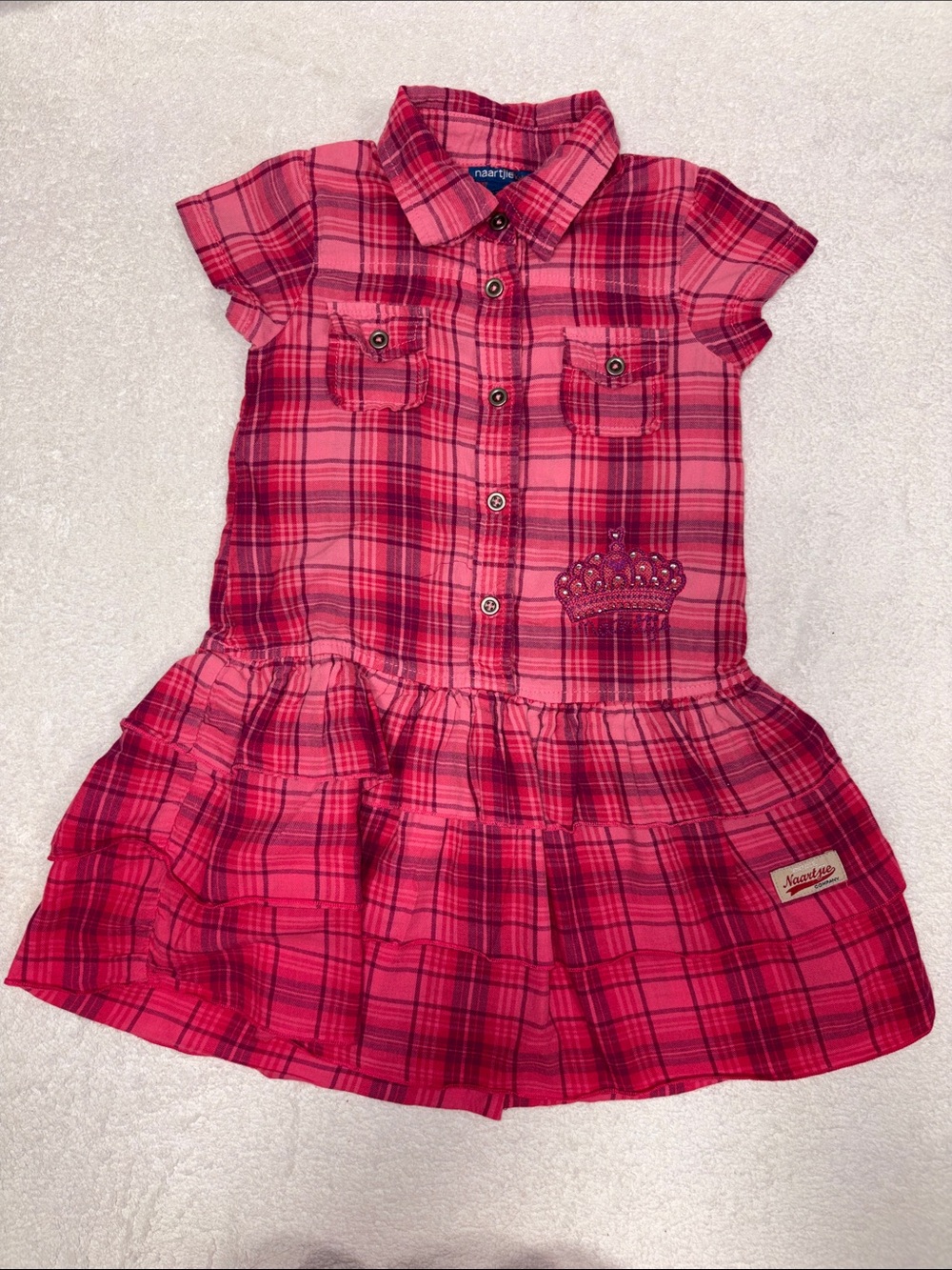 naartjie Pink Plaid Short-Sleeve Button Dress Crown Applique layered skirt 5